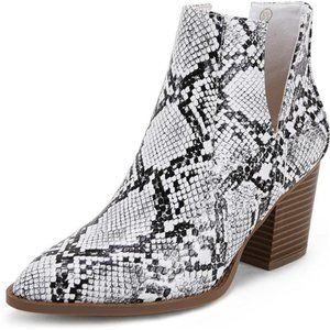 Womens Pointed Toe Stacked Mid Heel Ankle Boots V Cut Faux Leather Booties